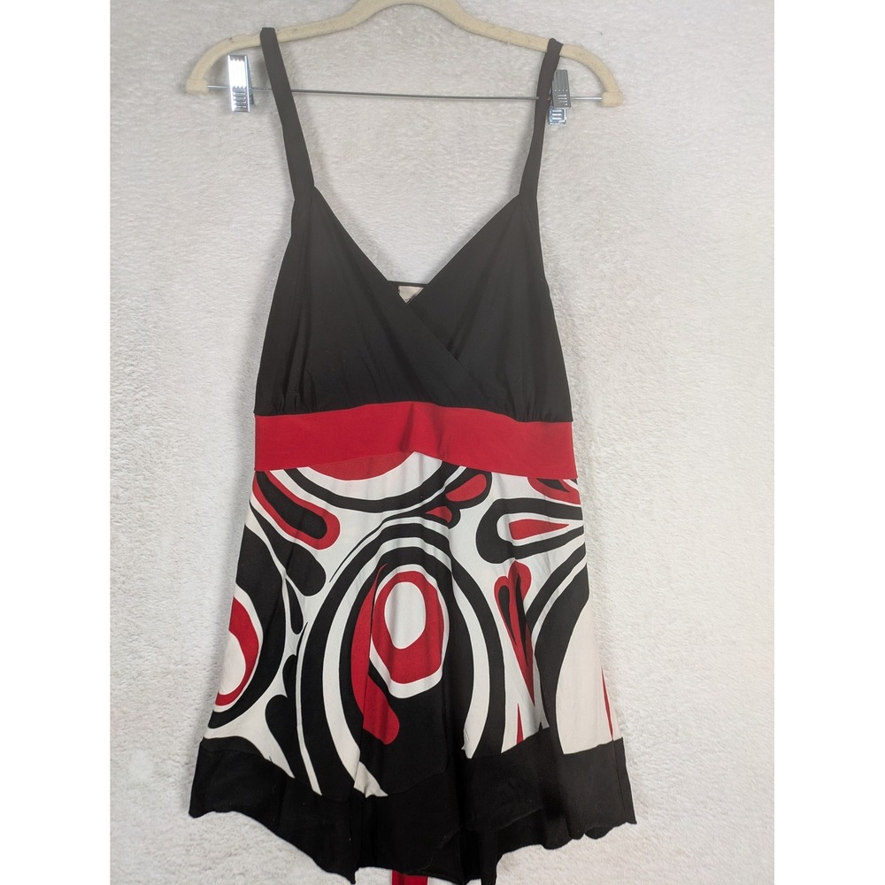 Venezia Tunic Top Women's 14/16 Black Red White Abstract Surplice Empire Waist